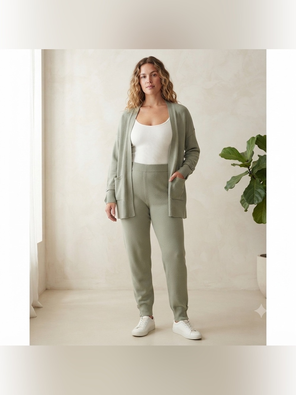 Marla Wynne Olive Green Knit Lounge Set Open Cardigan Jogger Pants 2pc Set Sz XL